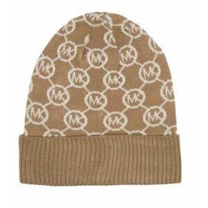 NWT MICHAEL KORS DARK CAMEL JET SET MK LOGO PRINT CALF BEANIE HAT SIZE 0/S